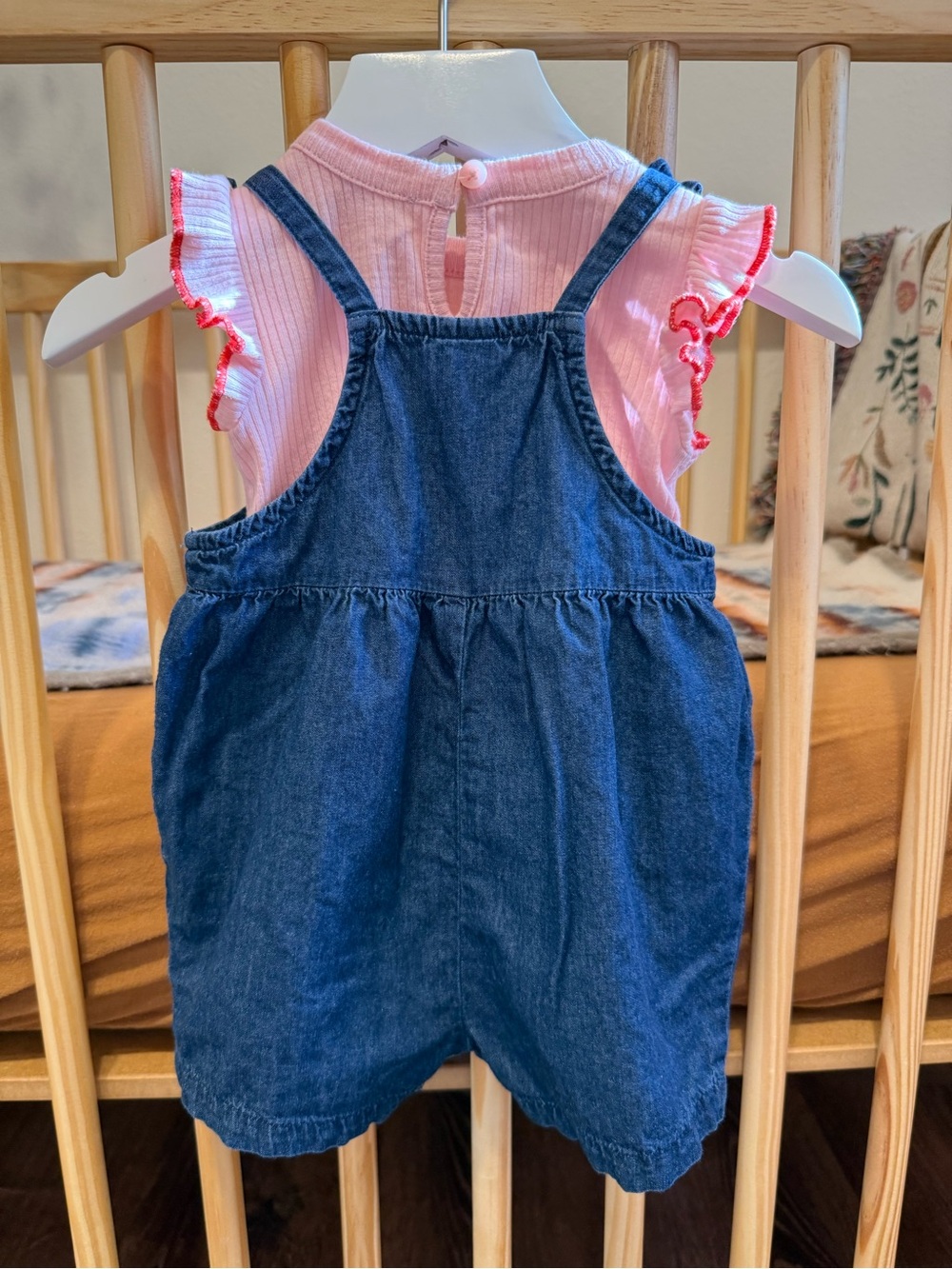 Denim Button-Front Romper with Pink Ruffle Top - Picture 3 of 3